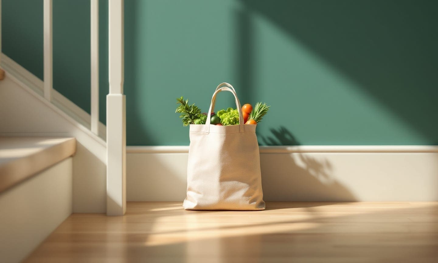 Холщовая сумка с продуктами на полу у ступеньки