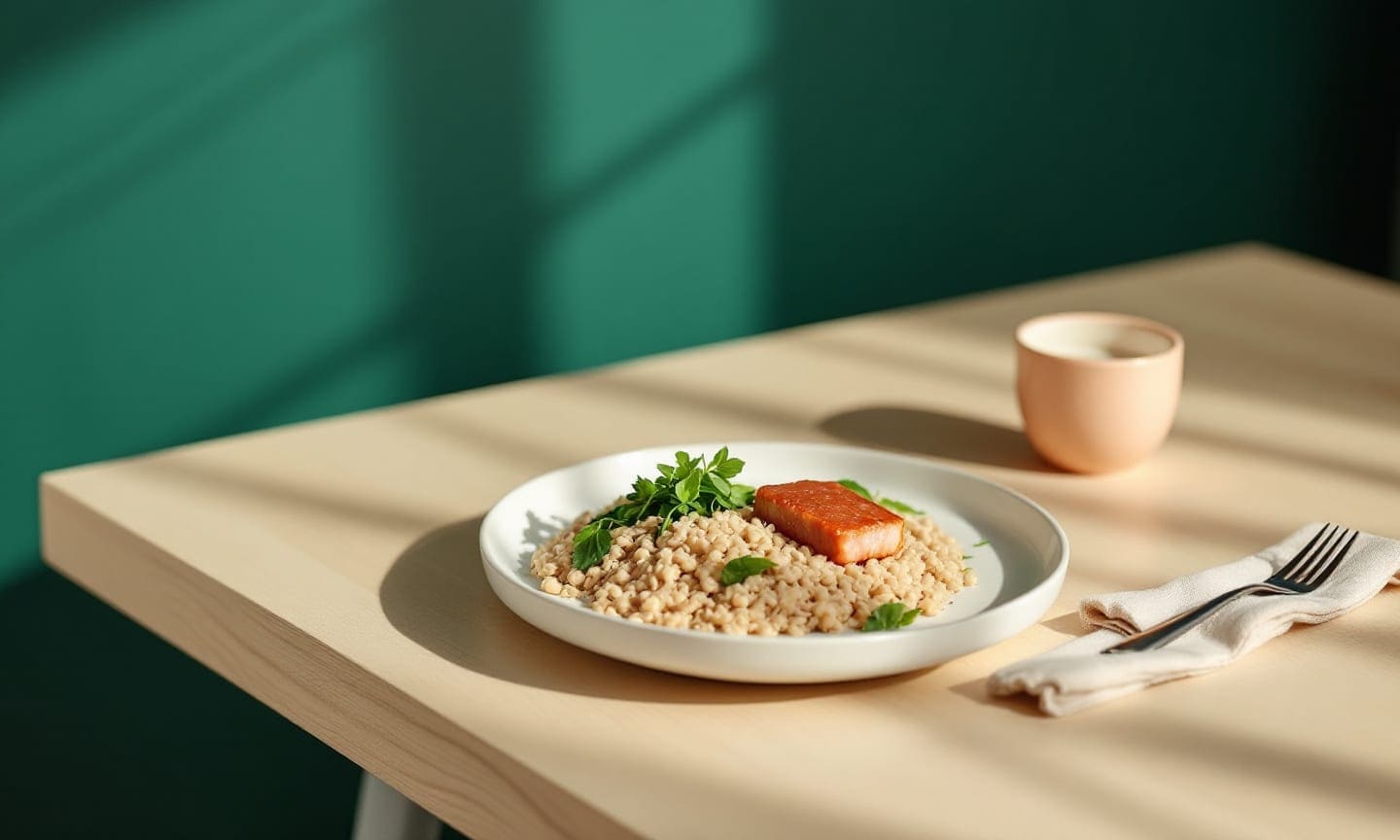 Тарелка с гречкой, зеленью и кусочком мяса на светлом столе