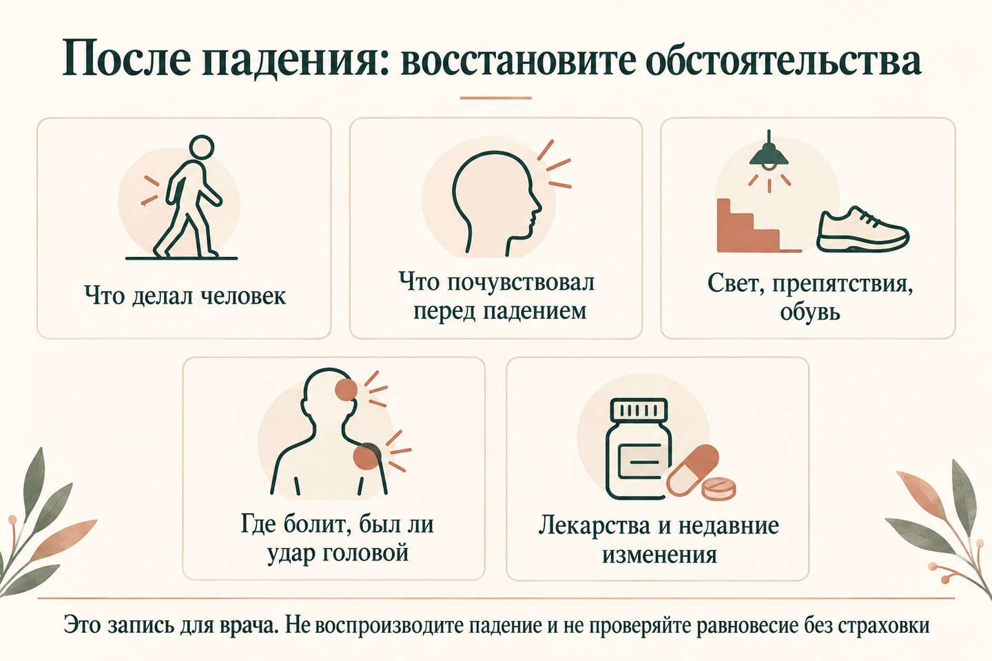 Пять пунктов для записи после падения: действия, самочувствие, обстановка, травма и лекарства